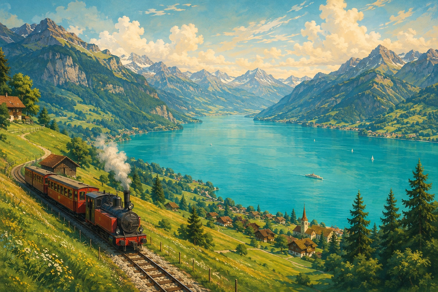 Illustration of a red steam train above turquoise Lake Brienz, with alpine slopes beyond