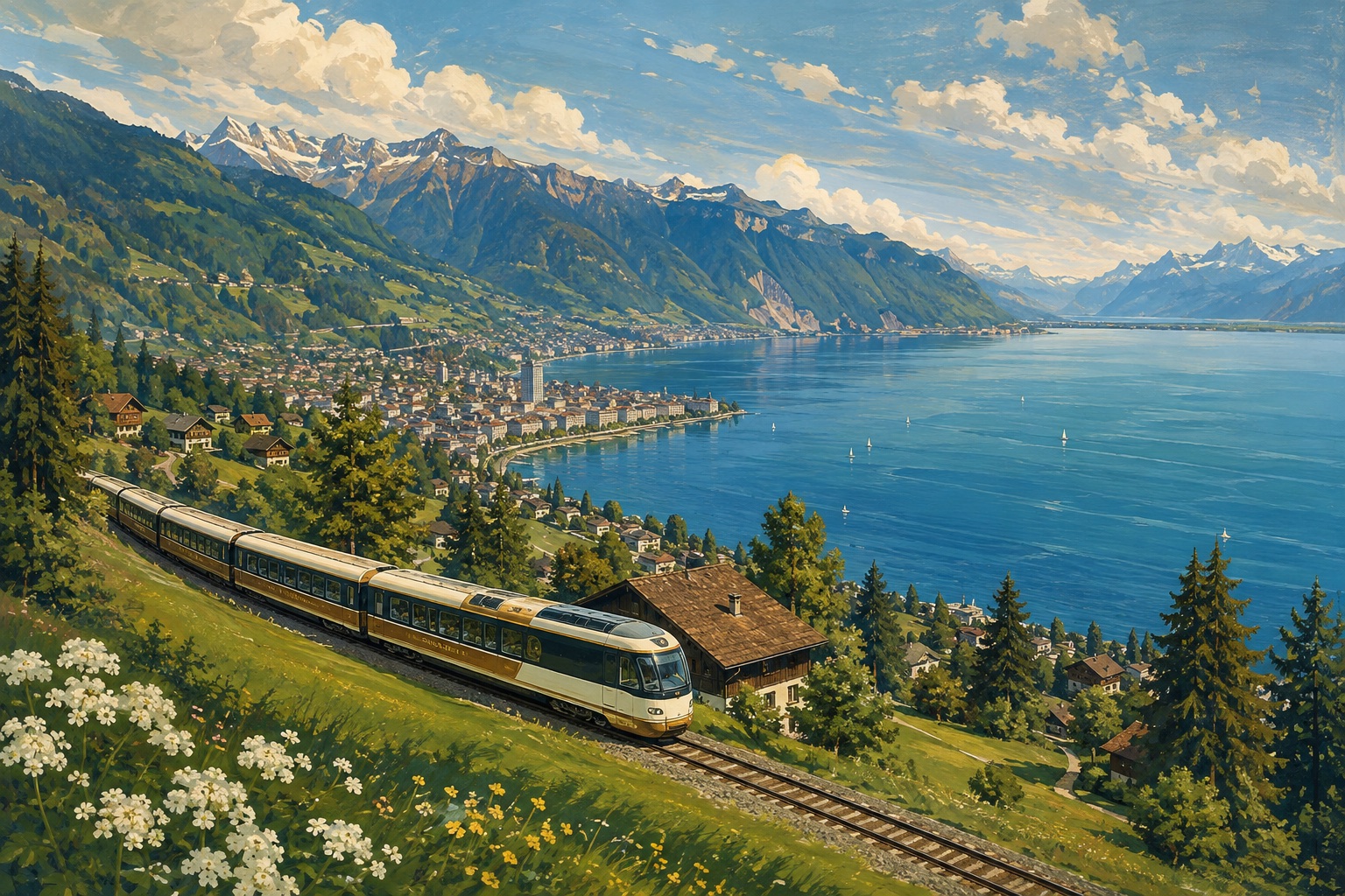 Illustration of a GoldenPass train descending through vineyard slopes above Lake Geneva