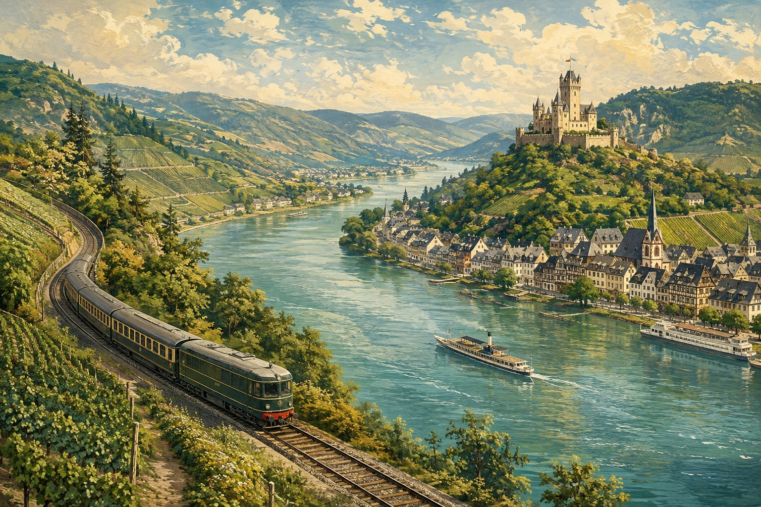 Illustration of a train following the Rhine below castle-topped hills
